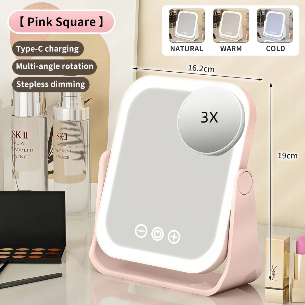 LED Makeup Mirror, Portable Flip Lighted Vanity Mirror with Touch Dimming, 3X Magnifier and Rechargeable Design for Desk