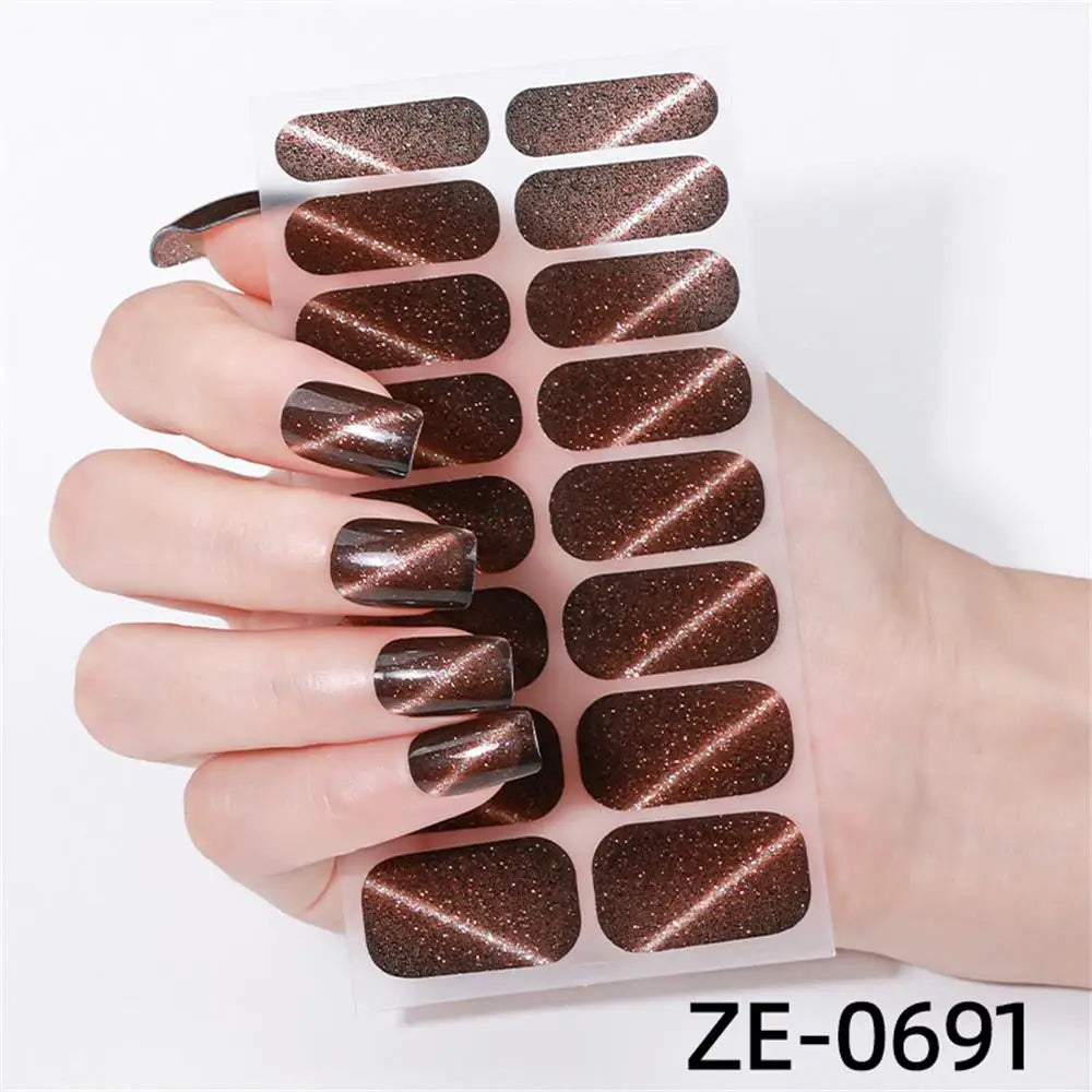 Gradient Cat Eye Style Nail Art Stickers, 16-Piece Set Self-Adhesive Waterproof Glitter False Nail Decals