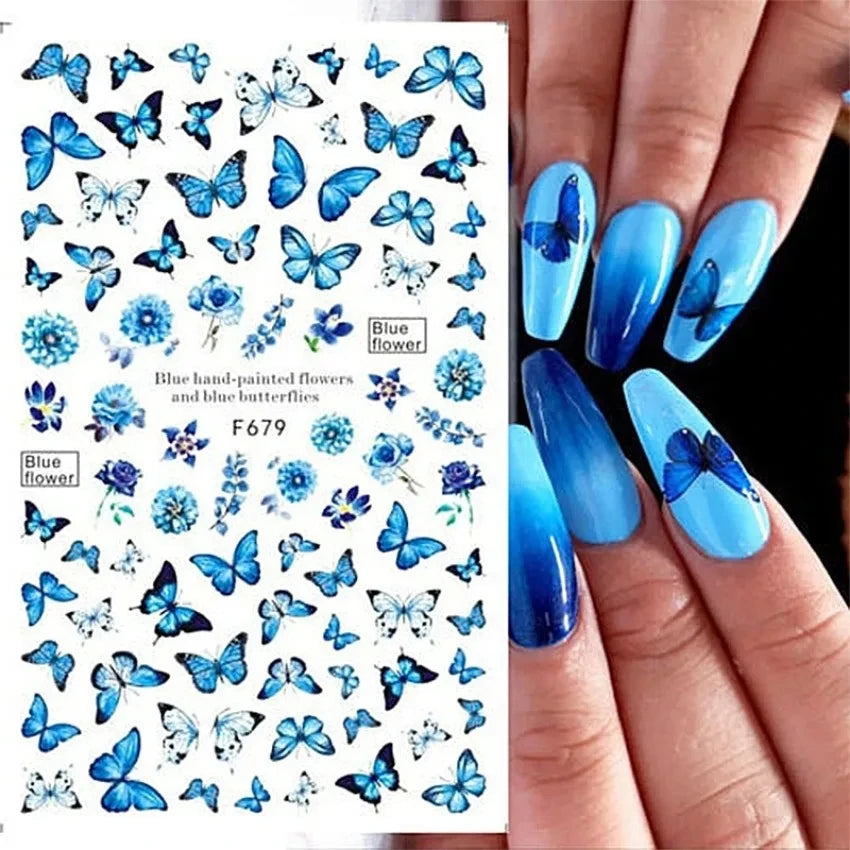 Elegant Butterfly Nail Manicure Stickers Blue Butterflies Leopard Retro Flowers Adhesive Decal Wedding Charm Manicure Tips