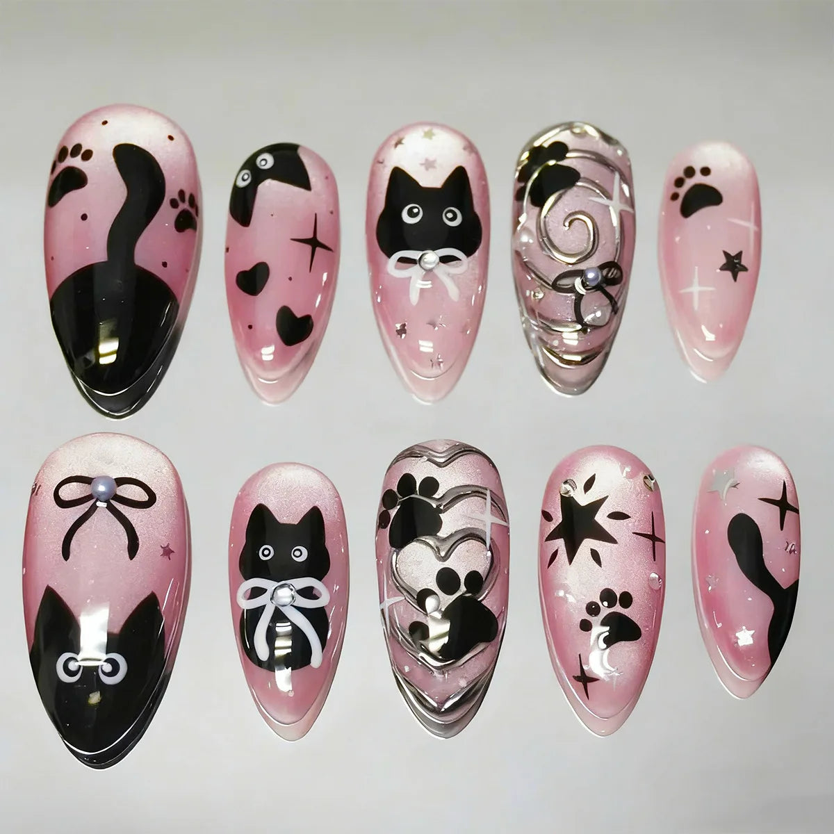 24PCS Wine Red Almond Press on Nails Cartoon Rabbit Bowknot with Plaid Pearl Designs French Fake Nails for Girls Detachable Nail