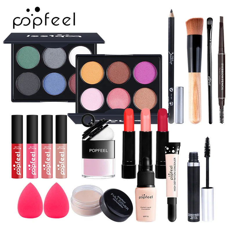 All in One Makeup Kit Gift Set with Eyeshadow Palette Foundation Lip Gloss Blush Brushes Eyeline Mixed Color Paste Long lasting