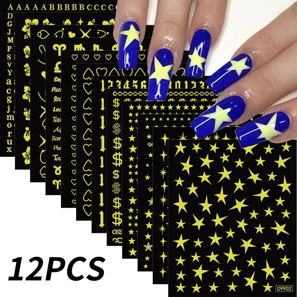 12pcs Bronzing Laser Star Nail Stickers 3D Alphabet/Heart/Flower Nail Art Self-Adhesive Sliders DIY Gradient Manicure Y2K Decals