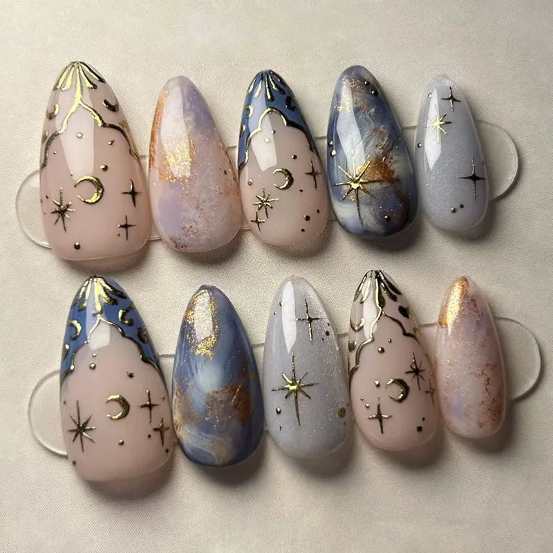 24pcs Gradient Black False Nails Yellow Star Moon Swan Pattern Press On Nails Sweet Cool Bowknots Flower Fake Nail Y2k Manicure