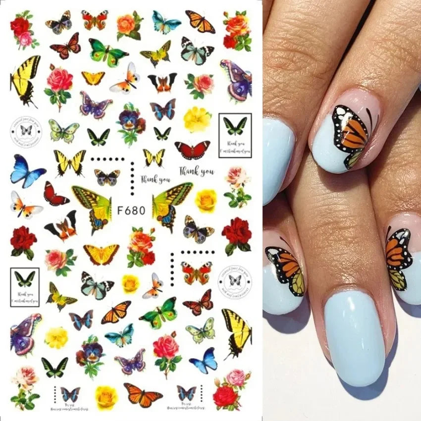 Elegant Butterfly Nail Manicure Stickers Blue Butterflies Leopard Retro Flowers Adhesive Decal Wedding Charm Manicure Tips