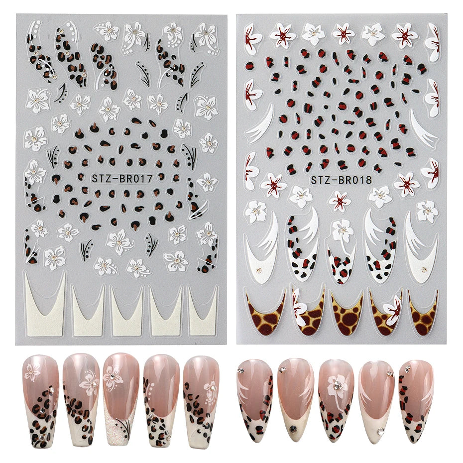 Cheetah French Nails Stickers Flowers Leopard Self-Adhesive Decals Holographic Slider Manicure Art Supplies And Decorations