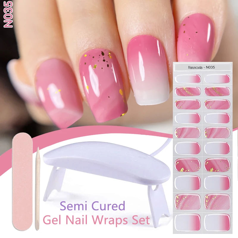 Harunouta 4pcs/set Gradient Jelly Semi Cured Gel Nail Strips with Nail Lamp Nude Pink Waterproof Nail Stickers Long Lasting Wrap