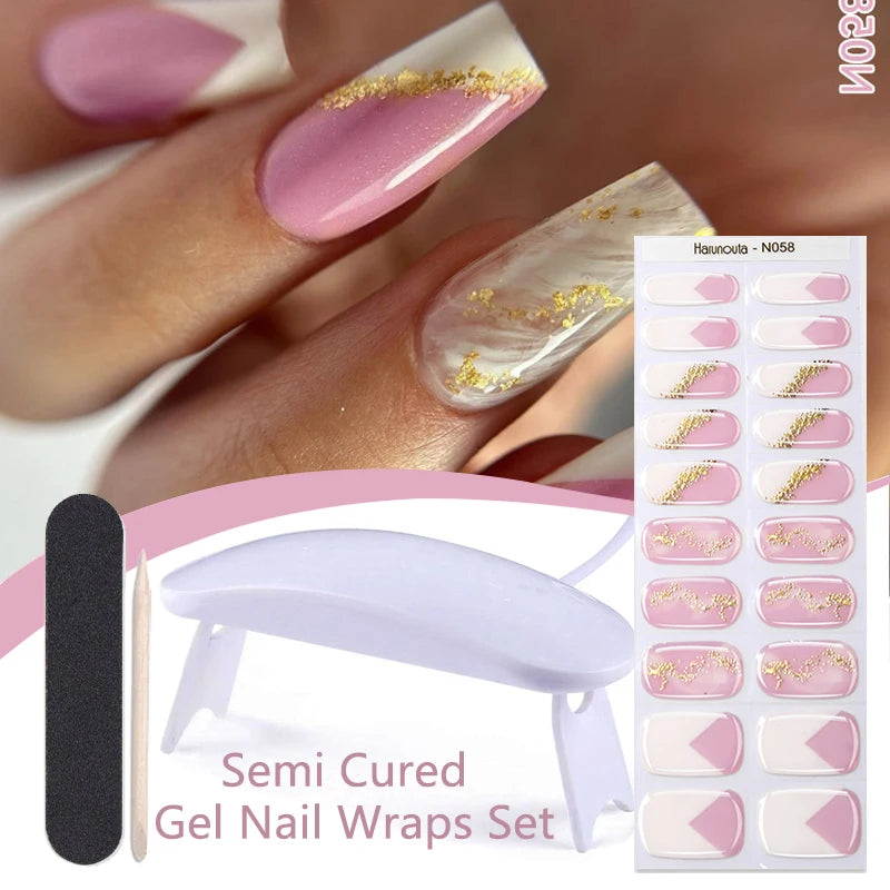Harunouta 4pcs/set Gradient Jelly Semi Cured Gel Nail Strips with Nail Lamp Nude Pink Waterproof Nail Stickers Long Lasting Wrap