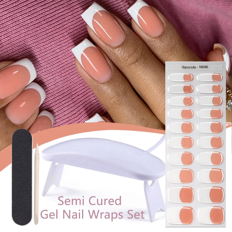 Harunouta 4pcs/set Gradient Jelly Semi Cured Gel Nail Strips with Nail Lamp Nude Pink Waterproof Nail Stickers Long Lasting Wrap