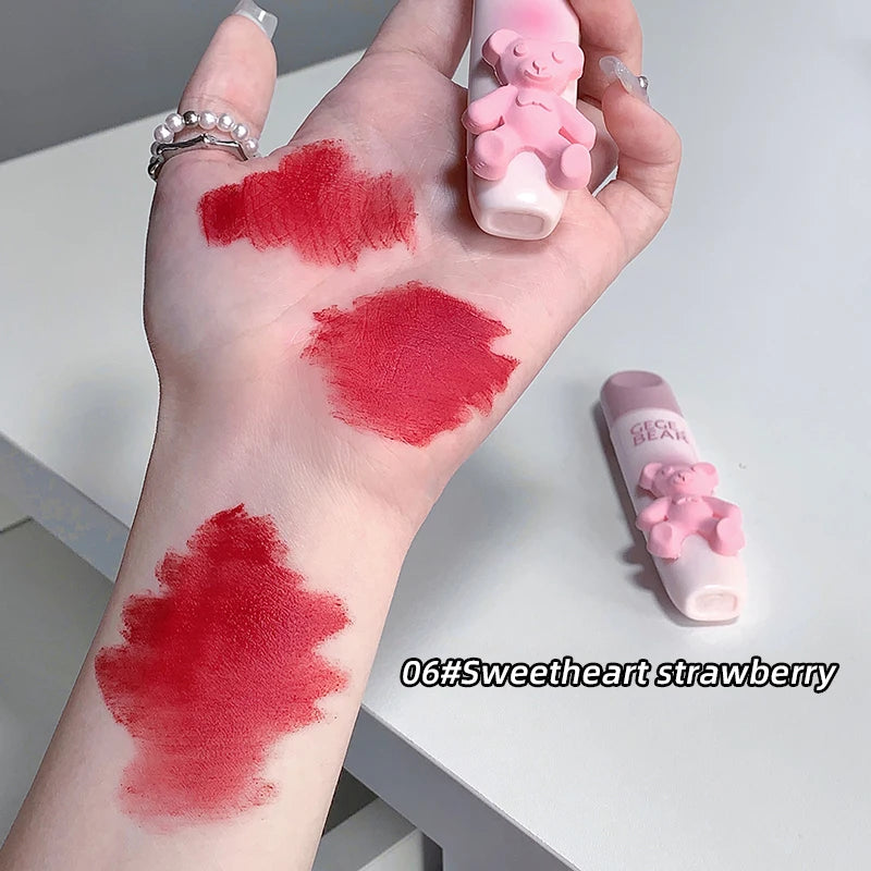 Cute Little Bear Lip Glaze Mist Face Matte Velvet Lipstick Holding Makeup Whitening Lip Cream Coloring Lip Color