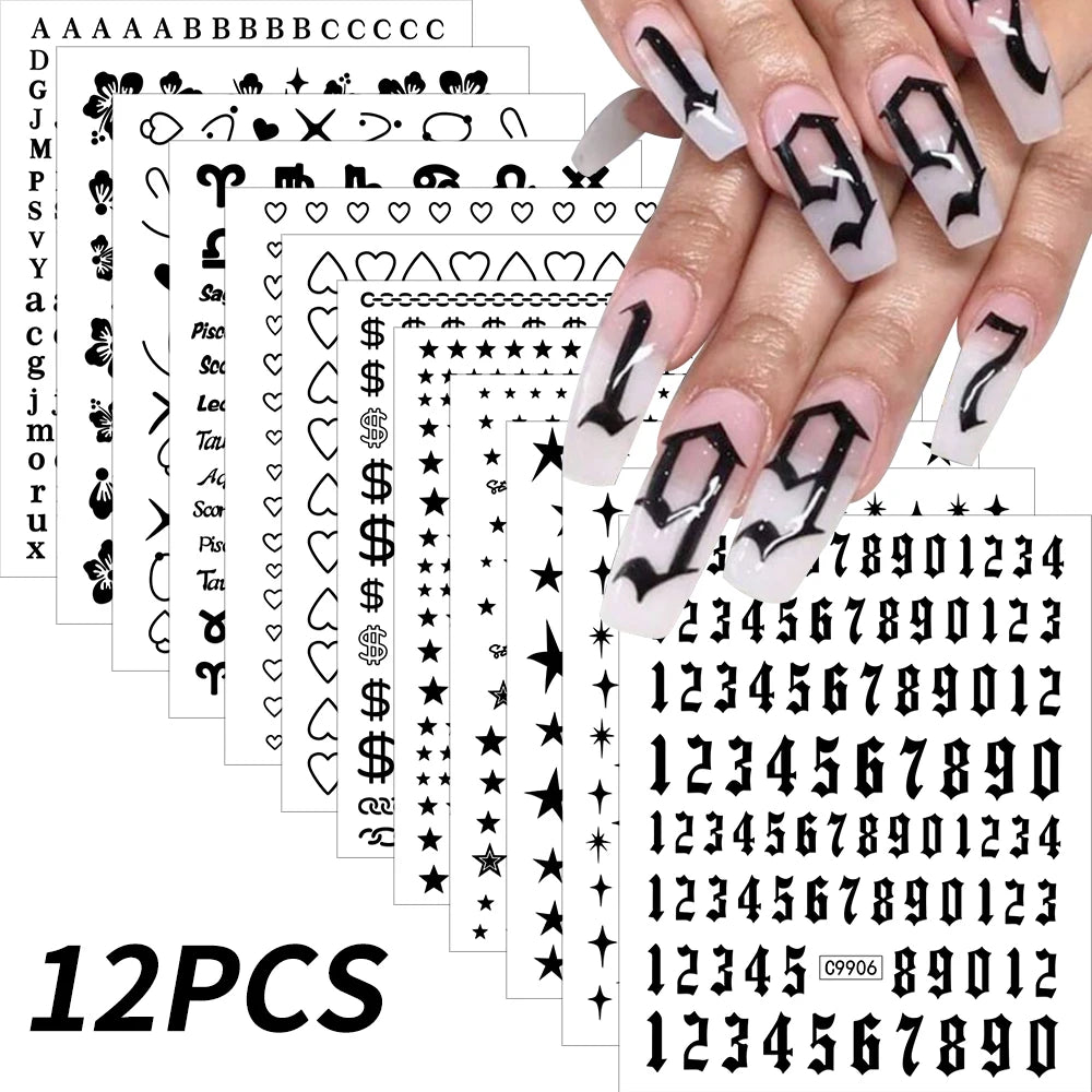 12pcs Bronzing Laser Star Nail Stickers 3D Alphabet/Heart/Flower Nail Art Self-Adhesive Sliders DIY Gradient Manicure Y2K Decals
