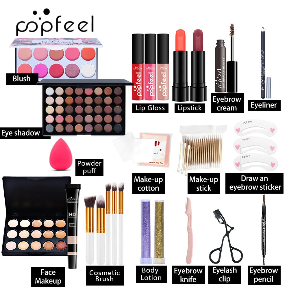 All in One Makeup Kit Gift Set with Eyeshadow Palette Foundation Lip Gloss Blush Brushes Eyeline Mixed Color Paste Long lasting