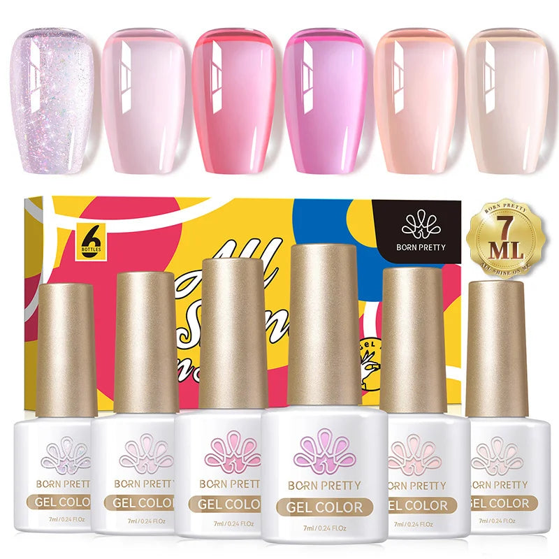 BORN PRETTY 6pcs Crystal Amber Gel Nail Polish Set Jelly Pink Nude Winter Semi Permanent Soak Off UV LED Varnish Manicure Kits