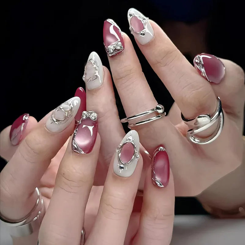 24Pcs 3D Strawberry Rabbit Flower Fake Nails Press on Mid-length Almond Wearable False Nails Green Gradient Pearl Manicure Tips