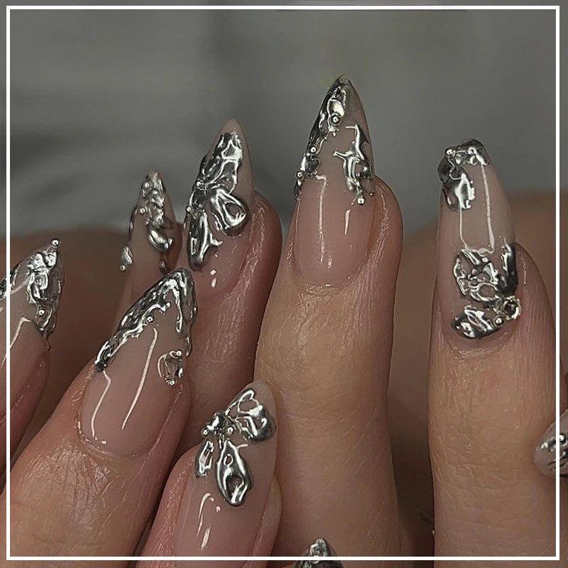 24Pcs Metallic Cat Eye French Sheer Manicure Tip Art Textured 3D Acrylic False Nails Nude Pink Almond Medium Press on Fake Nails
