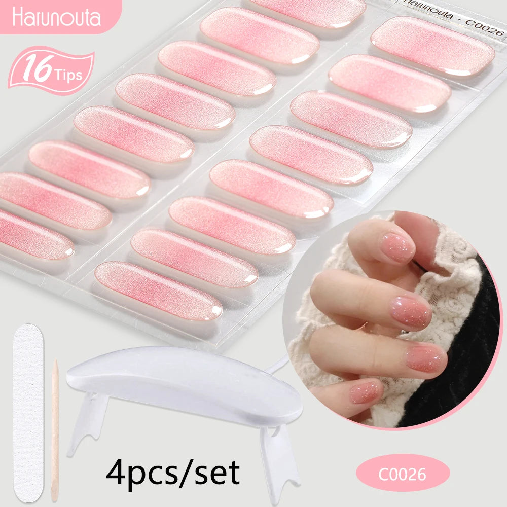 Harunouta 4pcs/set Gradient Jelly Semi Cured Gel Nail Strips with Nail Lamp Nude Pink Waterproof Nail Stickers Long Lasting Wrap
