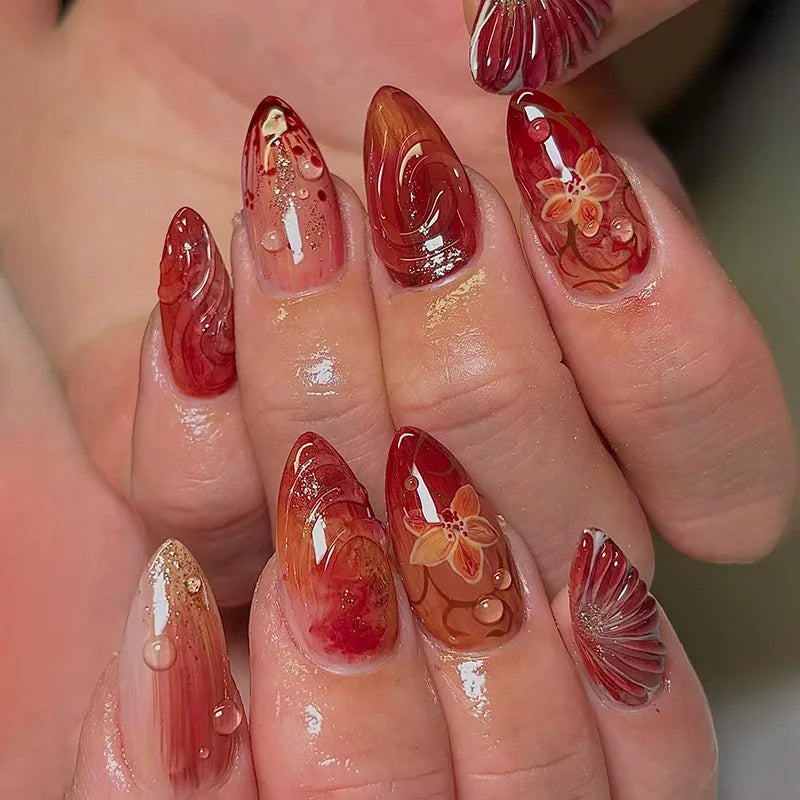 24Pcs 3D Strawberry Rabbit Flower Fake Nails Press on Mid-length Almond Wearable False Nails Green Gradient Pearl Manicure Tips
