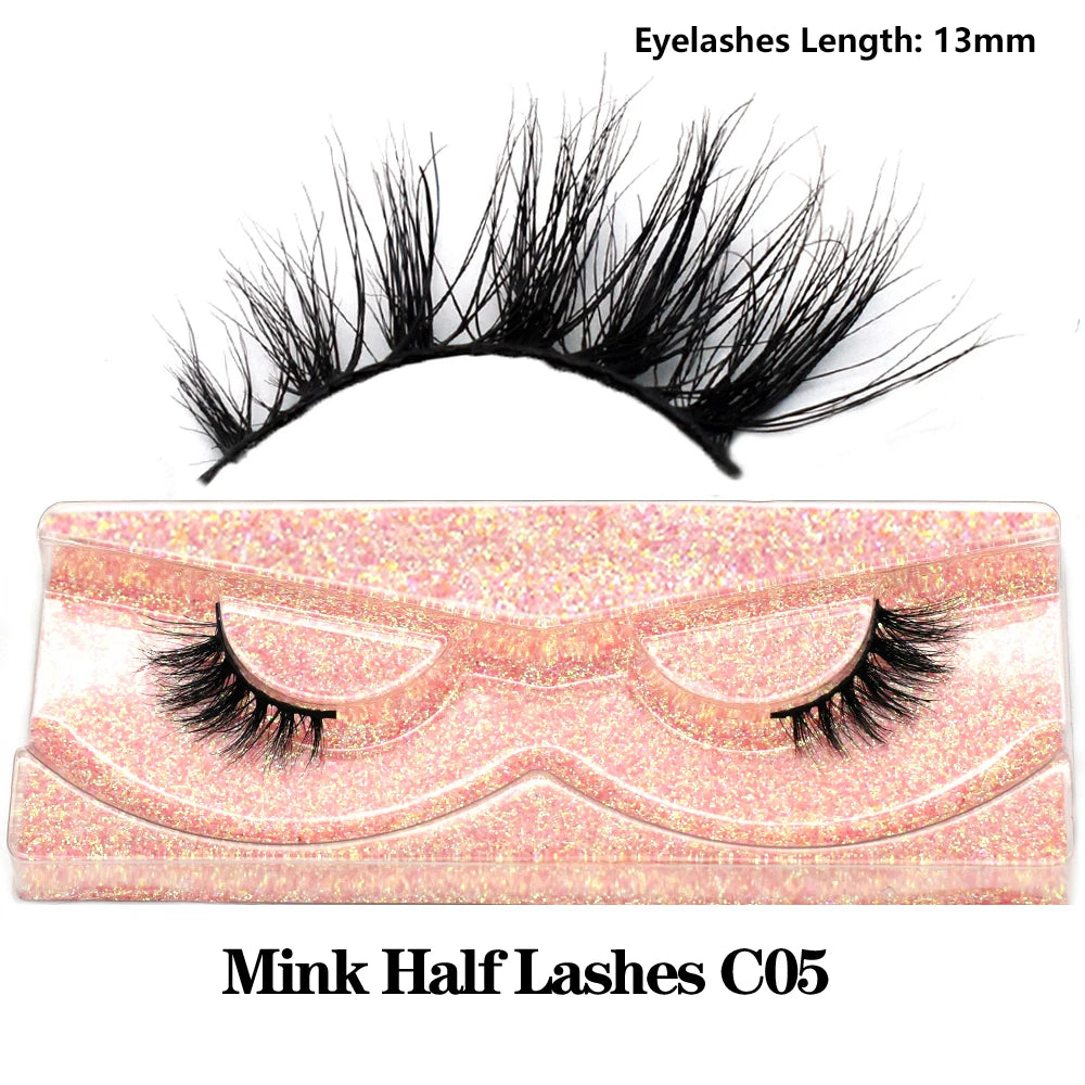 3D Mink Fluffy Half False Eyelashes Natural Soft Lightweight Clear Band Half Eye Strip Lashes Reusable Short Eyelashes Extension