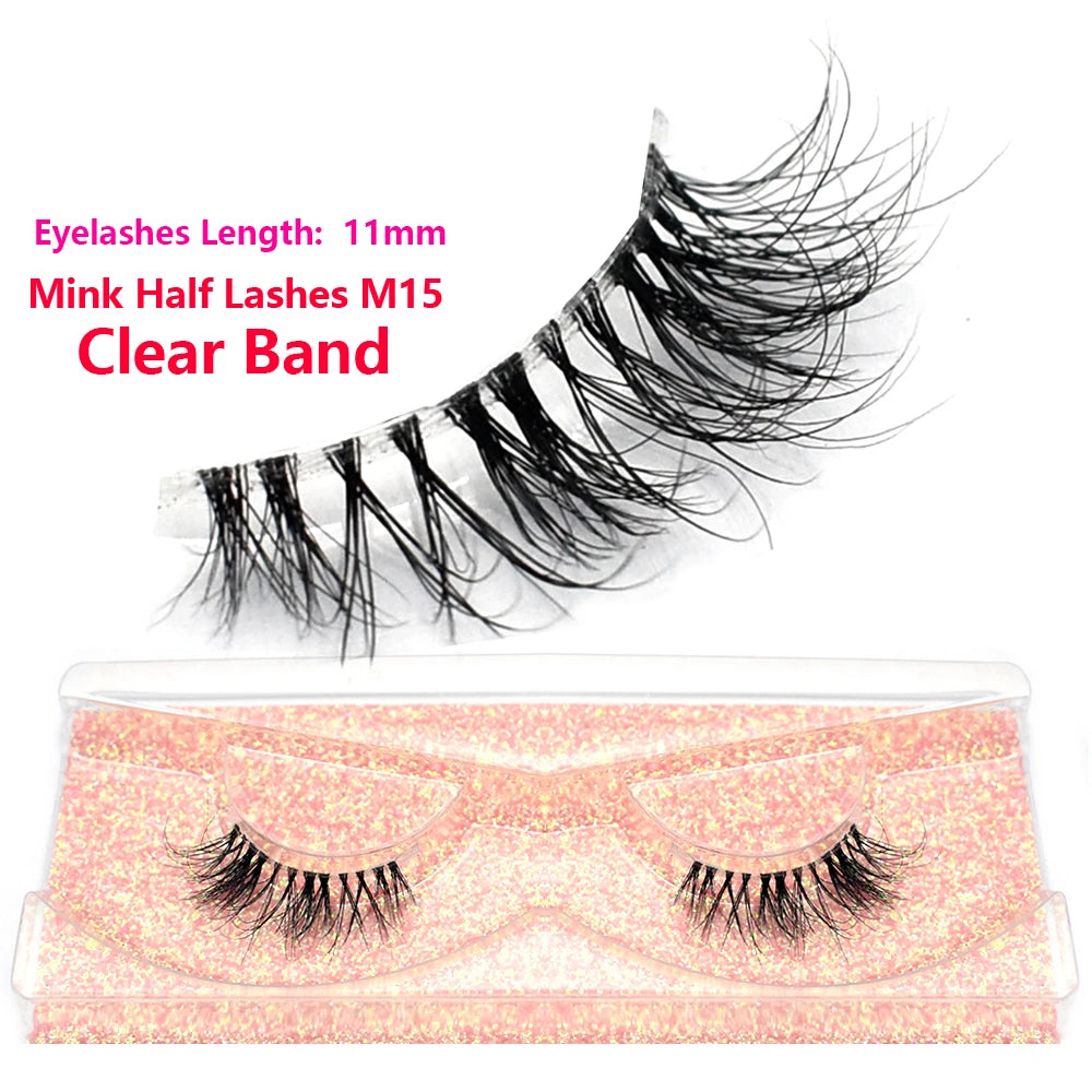 3D Mink Fluffy Half False Eyelashes Natural Soft Lightweight Clear Band Half Eye Strip Lashes Reusable Short Eyelashes Extension