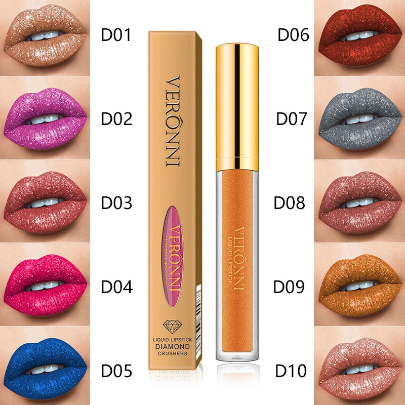 10 Colors Diamond Shimmer Glitter Lip Gloss Waterproof Matte Glitter Liquid Lipstick Diamond Pearl Colour Lip Gloss Sexy Make Up