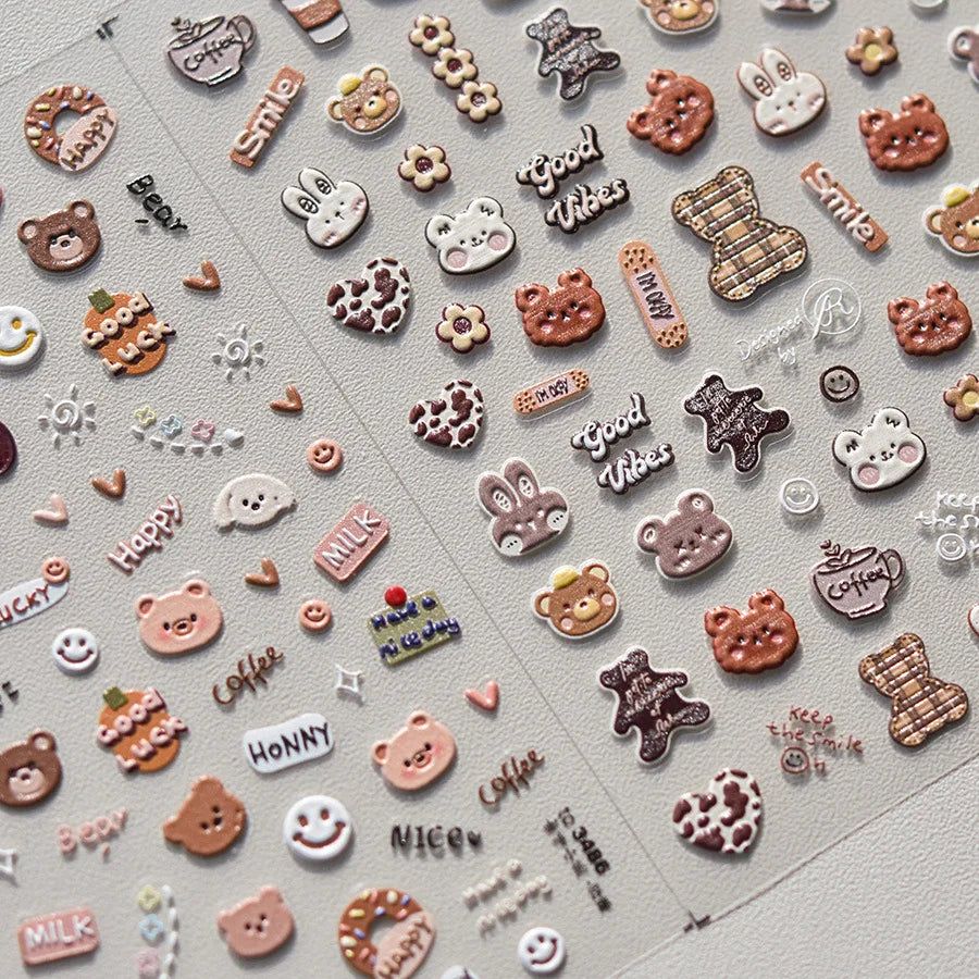1pcs 5D Japanese Kawaii Bear Nail Art Stickers Brown Cartoon Animals Self-Adhesive Nail Decoration Decals DIY Slider Accessories