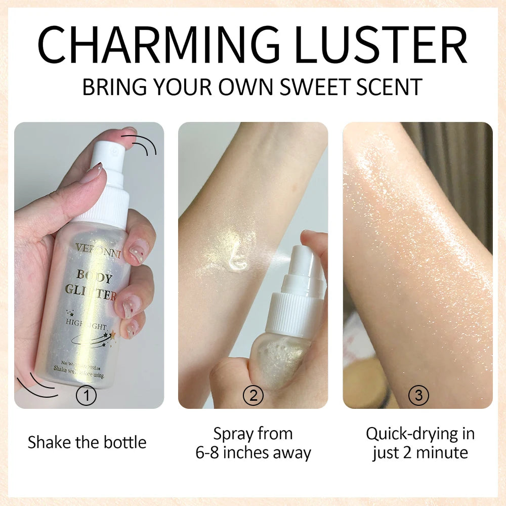 Liquid Shimmer Body Highlighter Oil Makeup,Glitter Spray Oil Lotion,Full Body & Face Glow-Up Liquid Lotion for All Skin Type