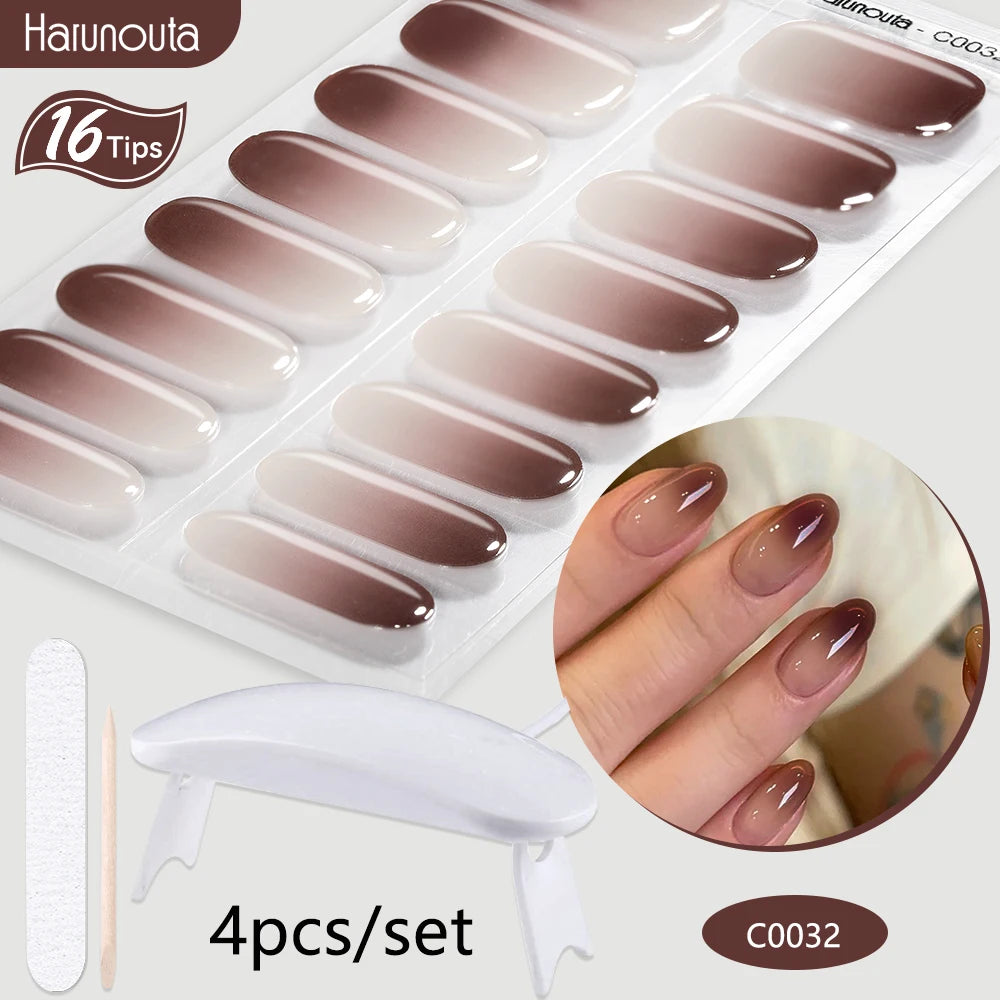 Harunouta 4pcs/set Gradient Jelly Semi Cured Gel Nail Strips with Nail Lamp Nude Pink Waterproof Nail Stickers Long Lasting Wrap