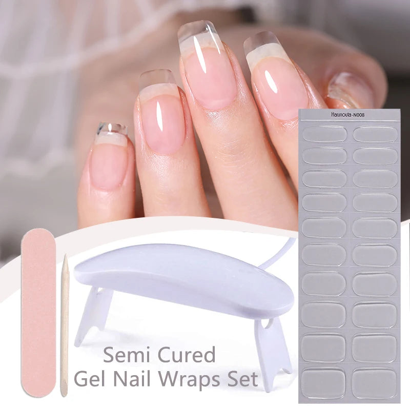 Harunouta 4pcs/set Gradient Jelly Semi Cured Gel Nail Strips with Nail Lamp Nude Pink Waterproof Nail Stickers Long Lasting Wrap