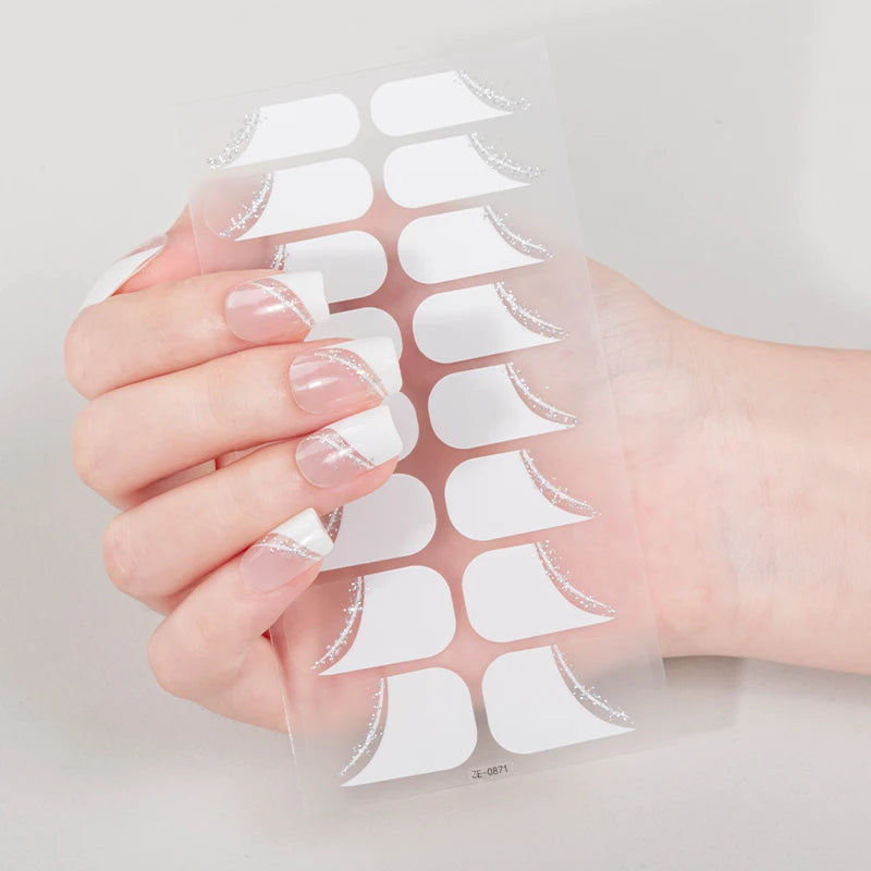 16Tips Sparkling DIY Baking-Free Nail Stickers French Nail Patch Full Cover Adhesive Nail Wraps Manicures Decoration Decal