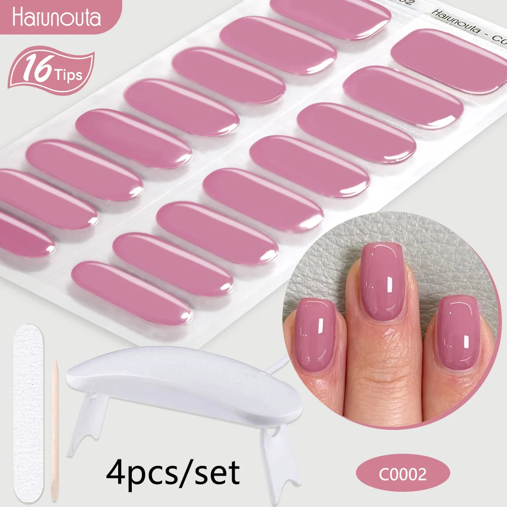 Harunouta 4pcs/set Gradient Jelly Semi Cured Gel Nail Strips with Nail Lamp Nude Pink Waterproof Nail Stickers Long Lasting Wrap