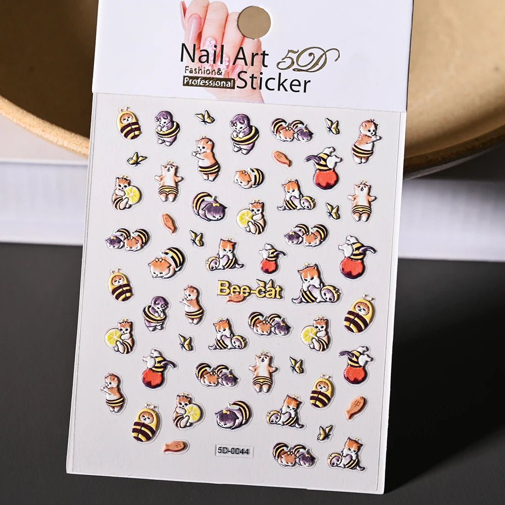 Lovely Cat Nail Decals 3D Animal Cartoon Dog Scrawl Relief Self Adhesive Nail Art Stickers Cute Puppy Kitty Y2K Nails Decoration