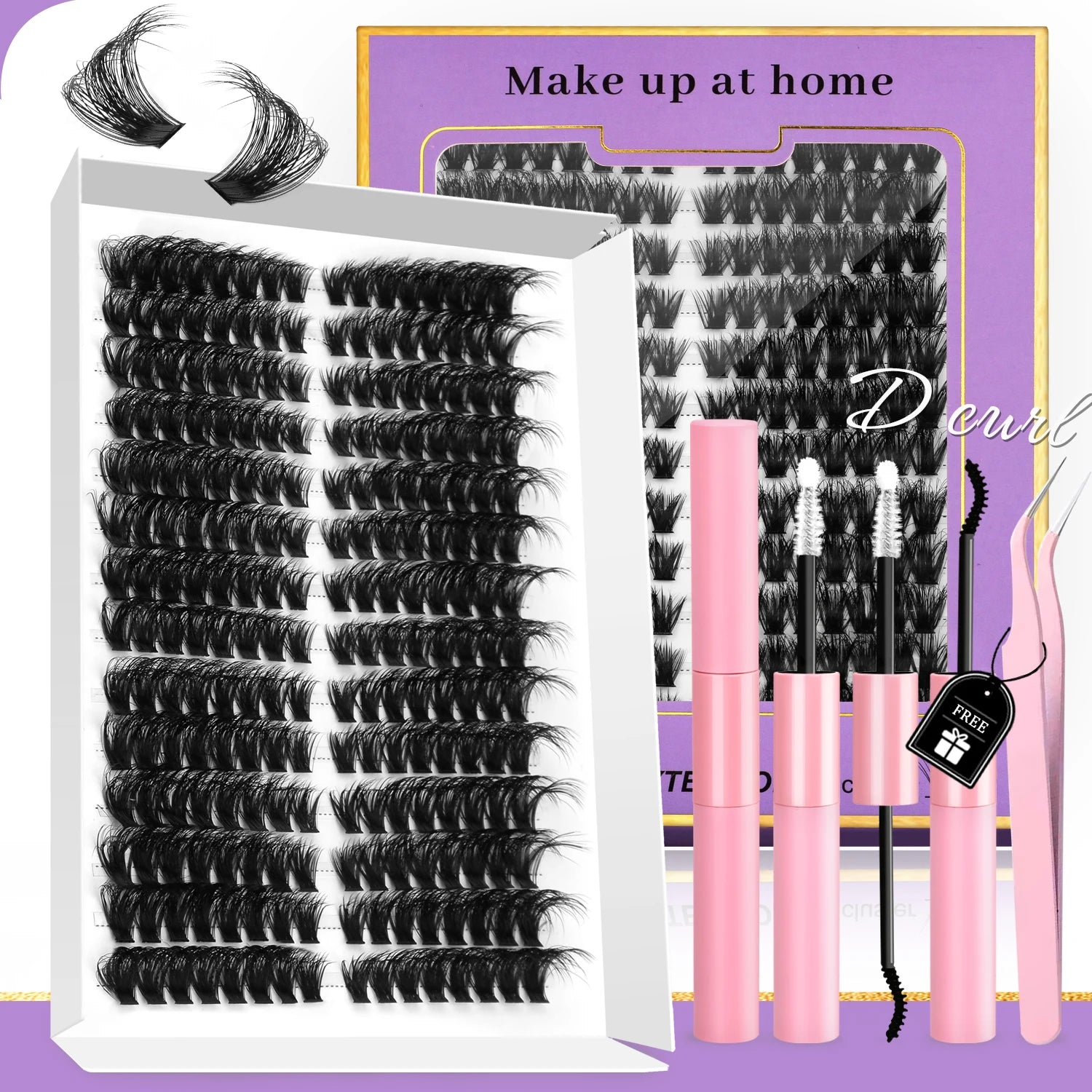 GROINNEYA DIY Eyelash Extension Kit Lashes Clusters Set Mix Eyelashes Full Set With Lash Bond&Seal and Eyelash Tweezers Makeup