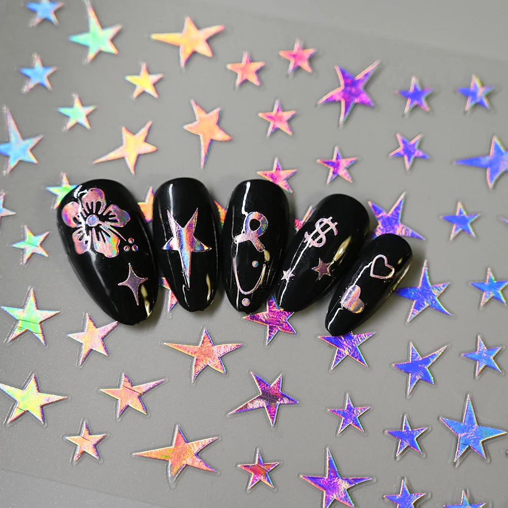 12pcs Bronzing Laser Star Nail Stickers 3D Alphabet/Heart/Flower Nail Art Self-Adhesive Sliders DIY Gradient Manicure Y2K Decals