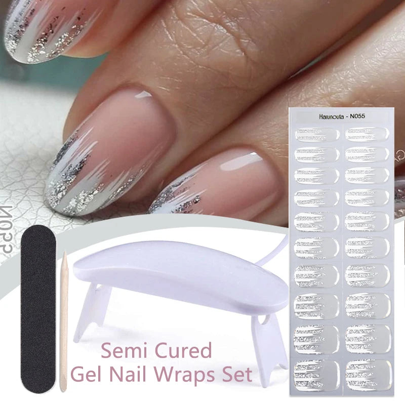 Harunouta 4pcs/set Gradient Jelly Semi Cured Gel Nail Strips with Nail Lamp Nude Pink Waterproof Nail Stickers Long Lasting Wrap