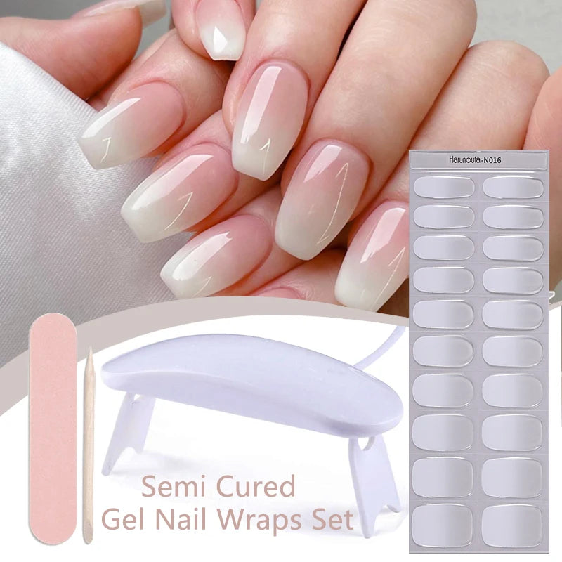 Harunouta 4pcs/set Gradient Jelly Semi Cured Gel Nail Strips with Nail Lamp Nude Pink Waterproof Nail Stickers Long Lasting Wrap