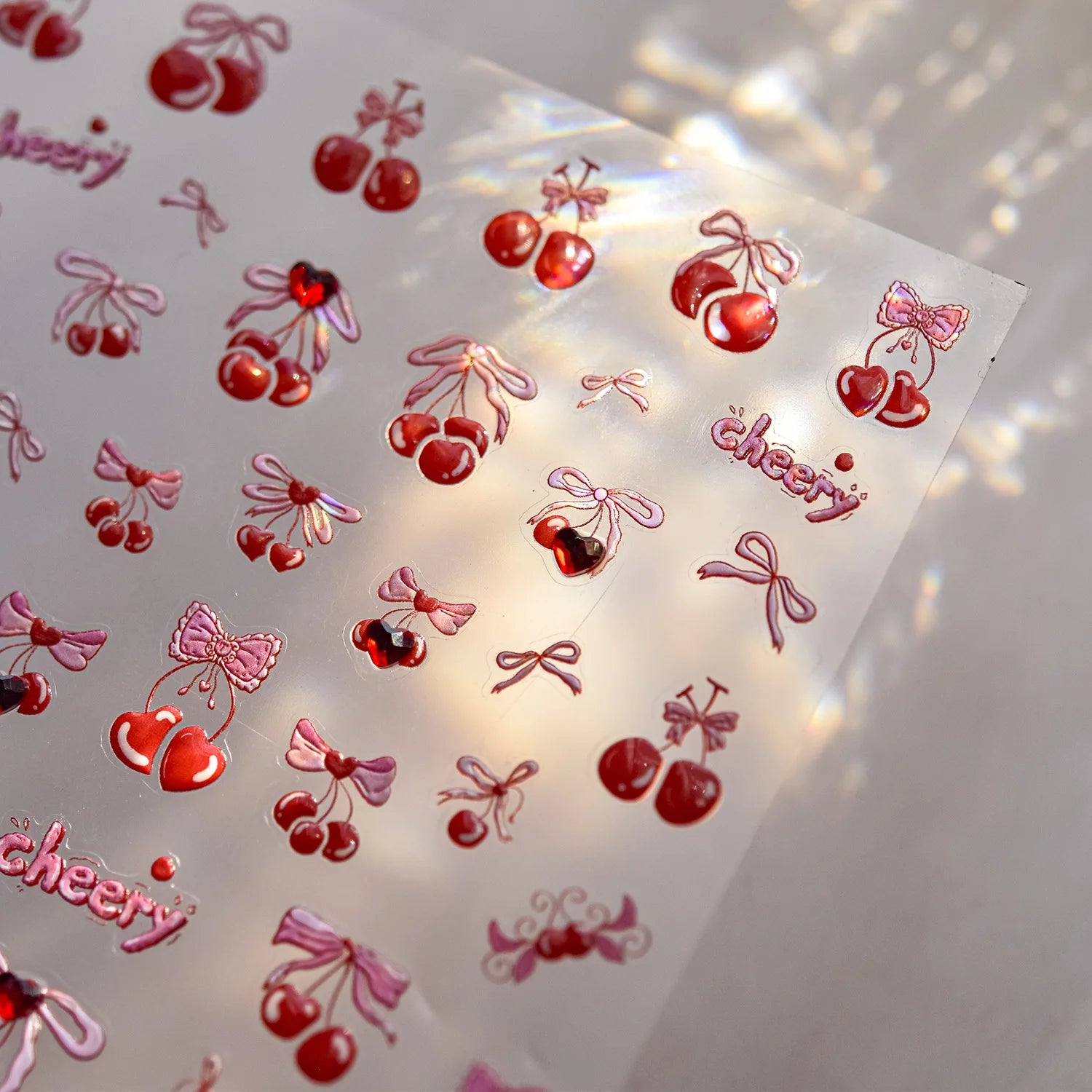Cute Juicy Red Cherry Bowknot 5D Nail Art Stickers Lovely Shiny Crystal Rhinestone Self Adhesive Decoration Manicure Decal DIY