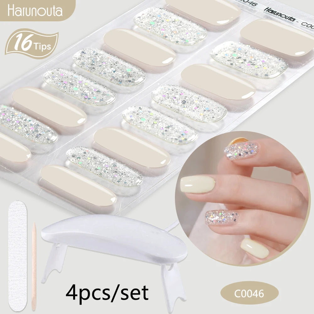 Harunouta 4pcs/set Gradient Jelly Semi Cured Gel Nail Strips with Nail Lamp Nude Pink Waterproof Nail Stickers Long Lasting Wrap