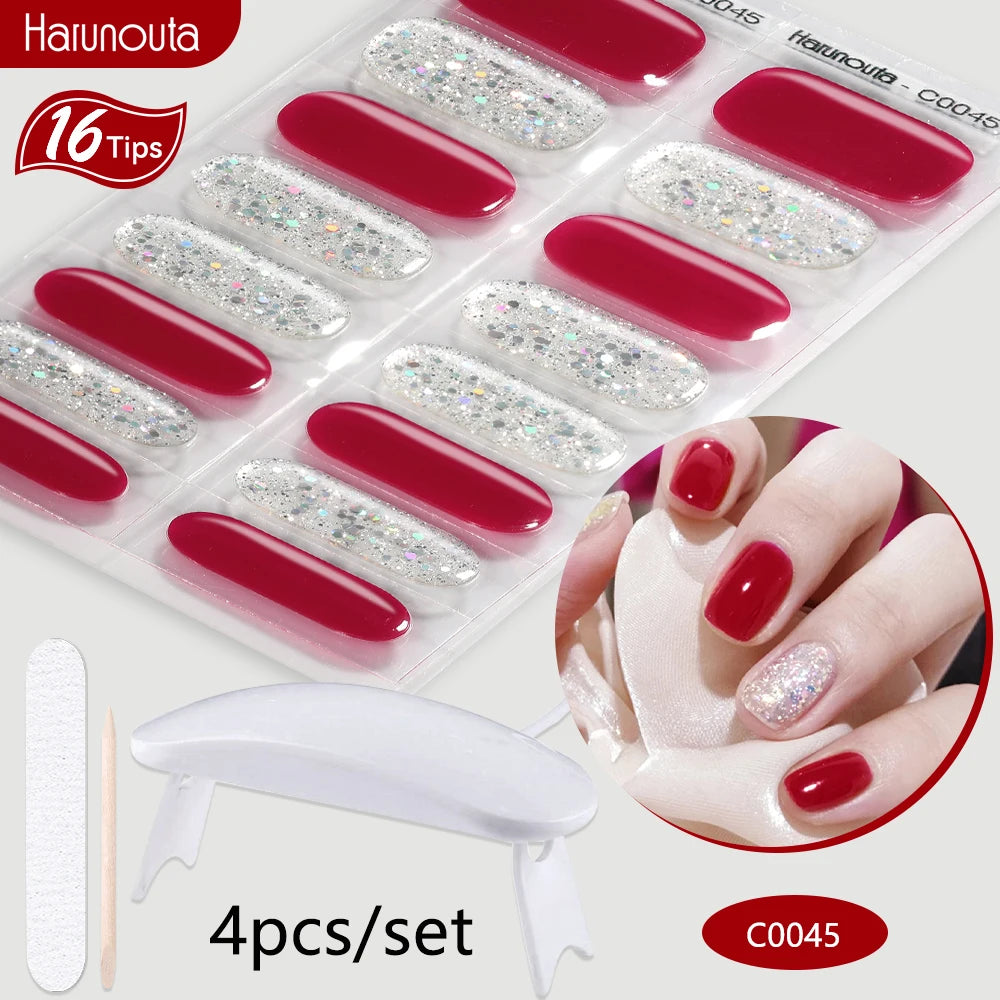 Harunouta 4pcs/set Gradient Jelly Semi Cured Gel Nail Strips with Nail Lamp Nude Pink Waterproof Nail Stickers Long Lasting Wrap