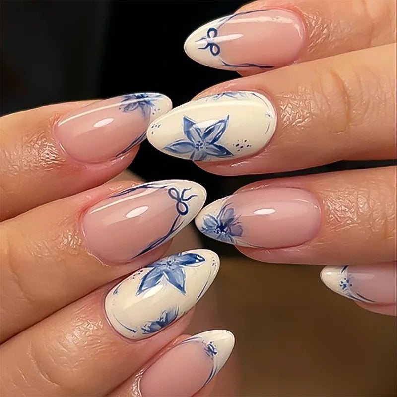 24PCS Wine Red Almond Press on Nails Cartoon Rabbit Bowknot with Plaid Pearl Designs French Fake Nails for Girls Detachable Nail
