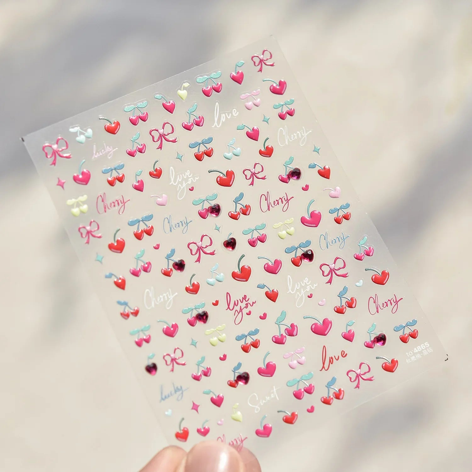 Cute Juicy Red Cherry Bowknot 5D Nail Art Stickers Lovely Shiny Crystal Rhinestone Self Adhesive Decoration Manicure Decal DIY