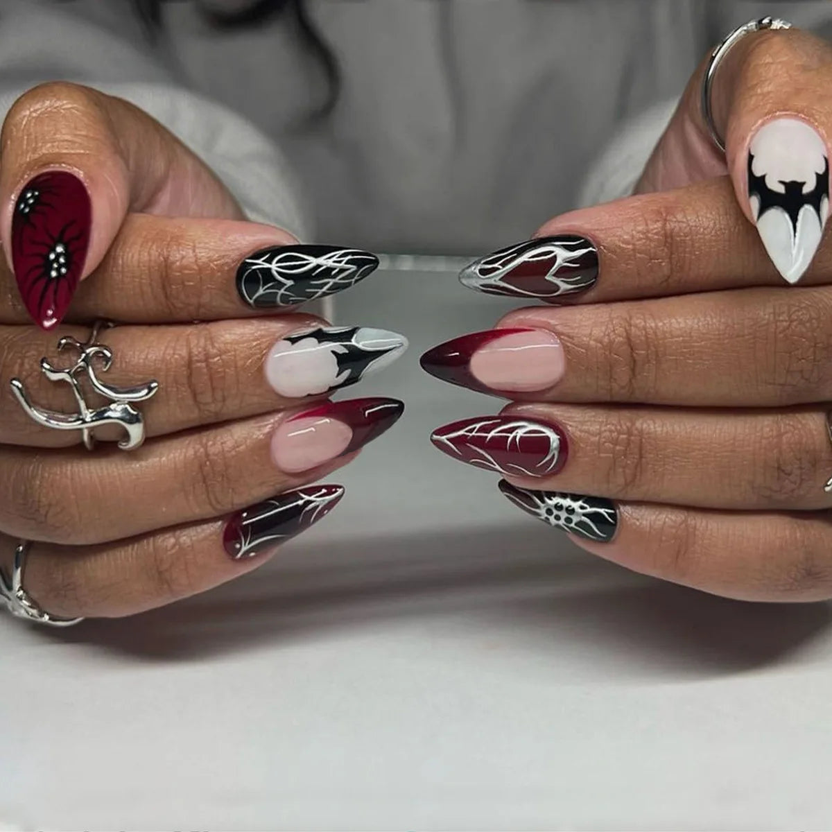 24PCS Wine Red Almond Press on Nails Cartoon Rabbit Bowknot with Plaid Pearl Designs French Fake Nails for Girls Detachable Nail