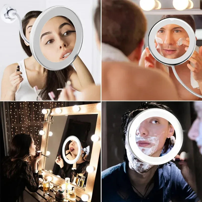 10X Magnifying LED Makeup Mirror with Gooseneck – Suction Cup Mount, Diffused Light & 360° Swivel for Bathroom & Vanity