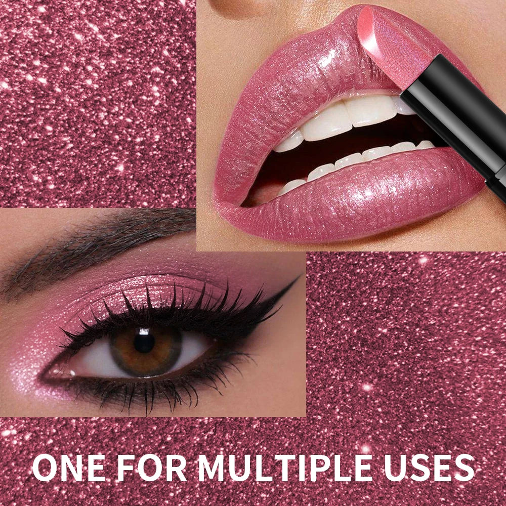 Metallic Shimmer Lipstick, Pearly Glitter Shine, Creamy Texture, High Color Payoff, Smooth Application Party Makeup