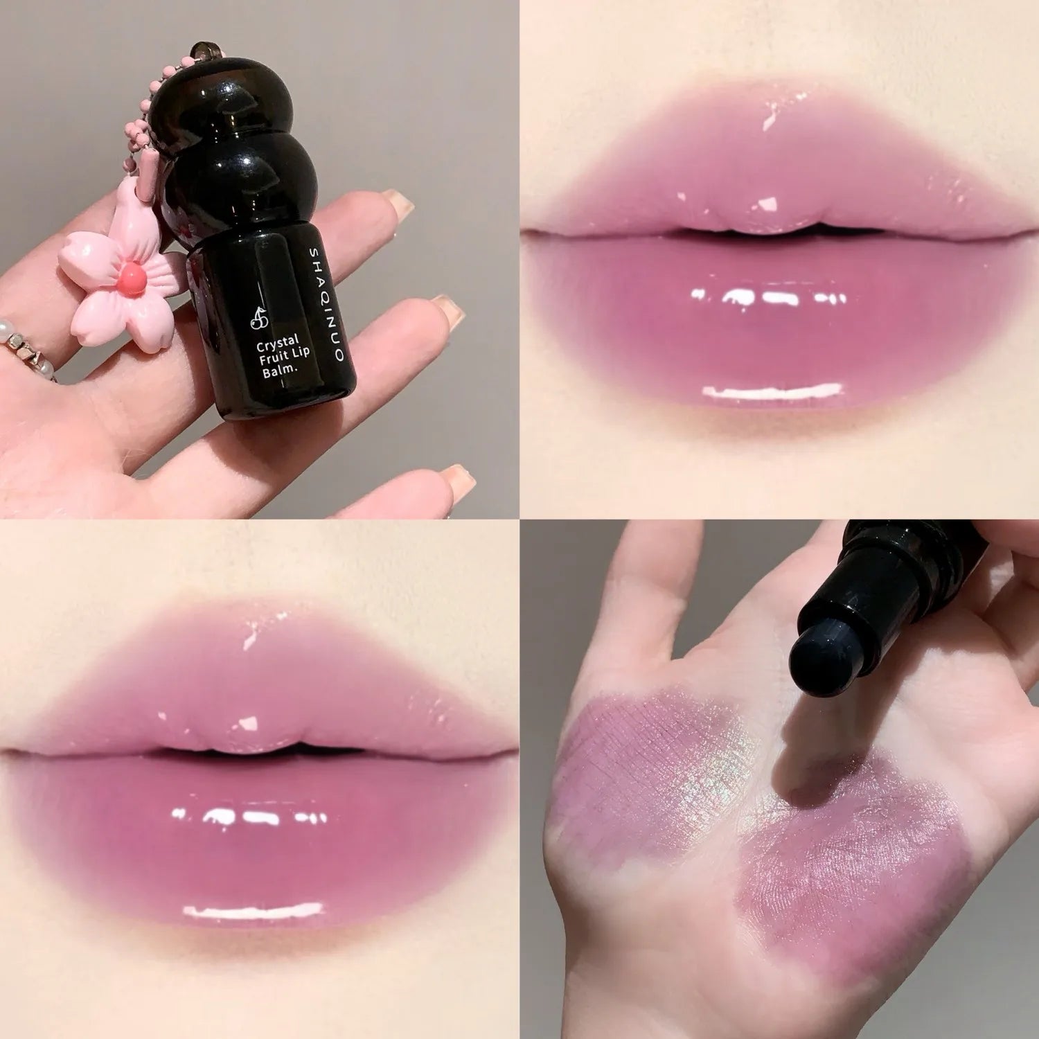 Crystal Strawberry Lip Balm Moisturizing Hydrating Lips Mask Stick Reduce Lip Lines Key Chain for Lip Care Change Color Lipstick