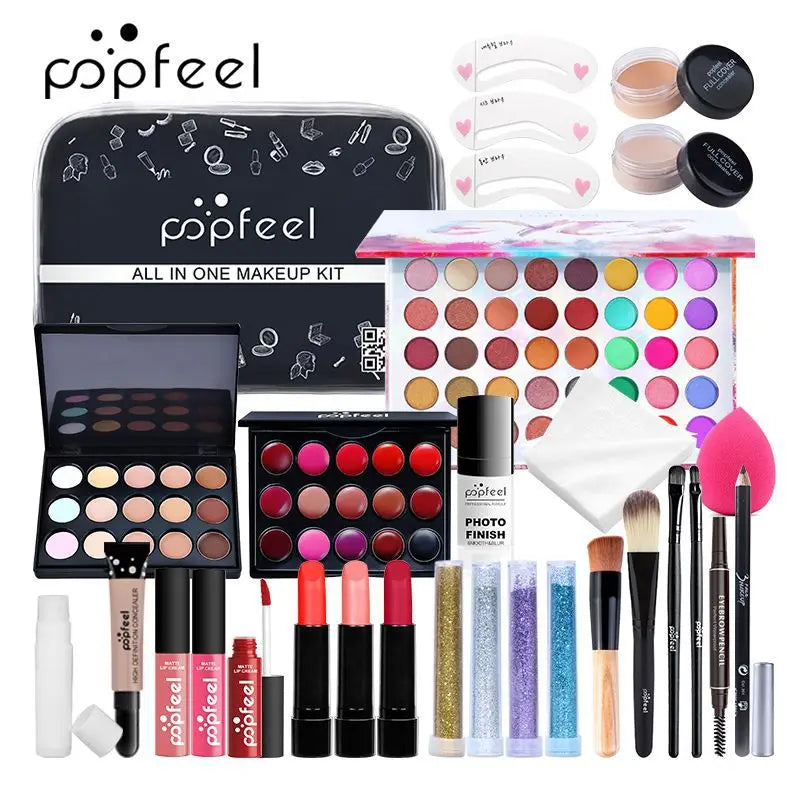 All in One Makeup Kit Gift Set with Eyeshadow Palette Foundation Lip Gloss Blush Brushes Eyeline Mixed Color Paste Long lasting