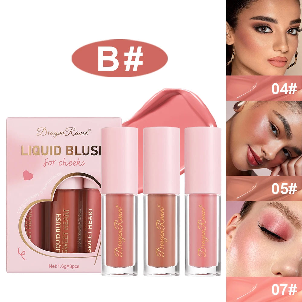 Three-Piece Set of Matte Liquid Blush, Natural Highlighter, Long-Lasting Blush, Delicate Color, Clear and Light Blush