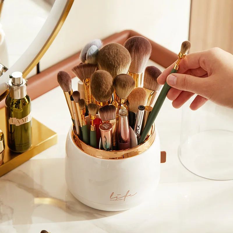 Luxury Light Makeup Brush Holder Dustproof Rotating Cup Organizer for Lipstick Eyebrow Pencil - Elegant Storage Solution