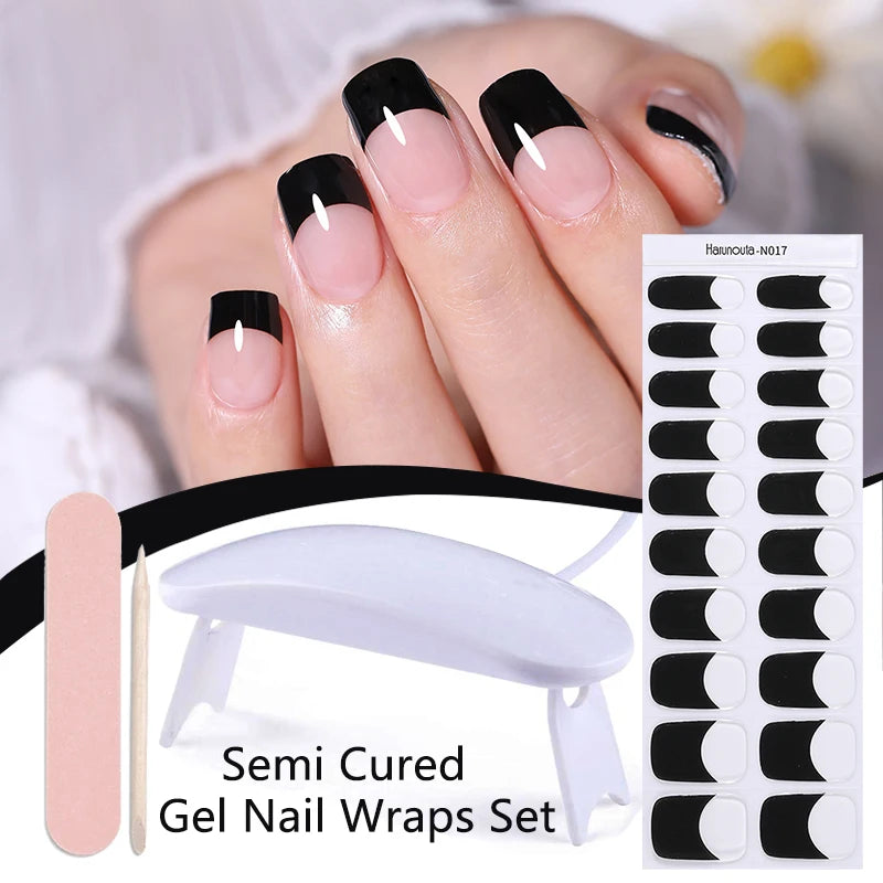 Harunouta 4pcs/set Gradient Jelly Semi Cured Gel Nail Strips with Nail Lamp Nude Pink Waterproof Nail Stickers Long Lasting Wrap