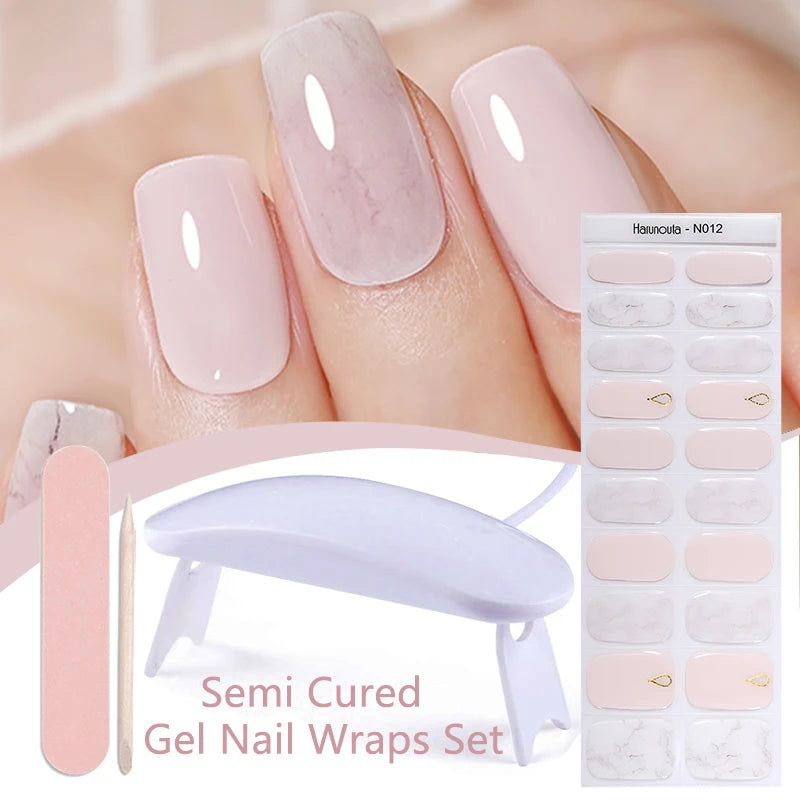 Harunouta 4pcs/set Gradient Jelly Semi Cured Gel Nail Strips with Nail Lamp Nude Pink Waterproof Nail Stickers Long Lasting Wrap