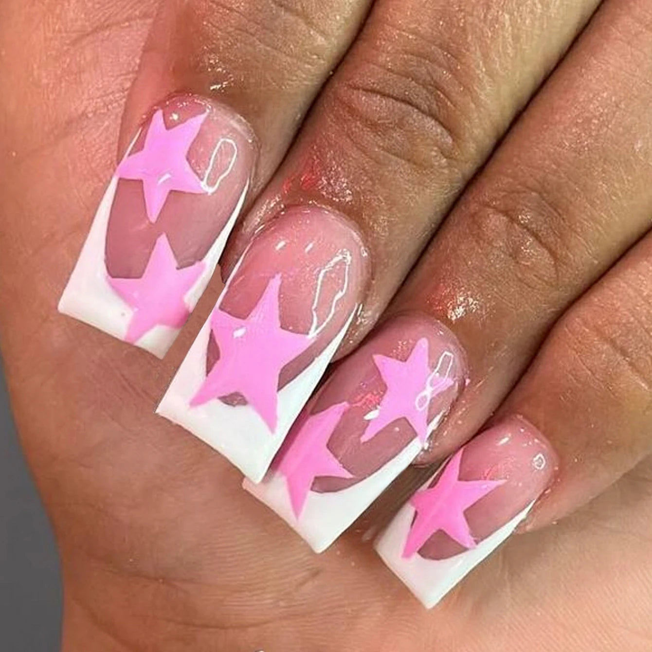 ARTAUG 24PCS Medium Stiletto Pink Black French Tip Press On Nails Star Pattern Glitter Press On Nails