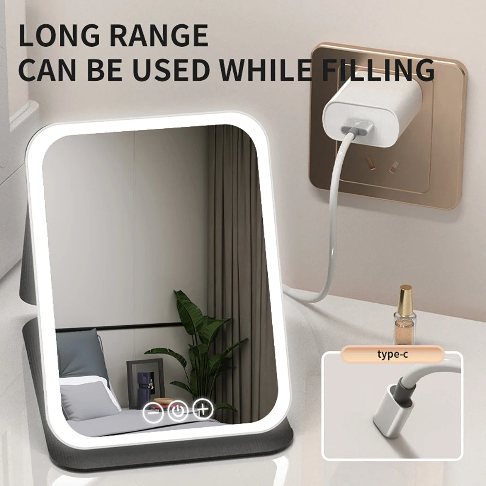 3 Colors Dimmable LED Makeup Mirror with Touch Screen Fold Cosmetic Makeup Mirror Rechargeable Tabletop for Travel & Home Use